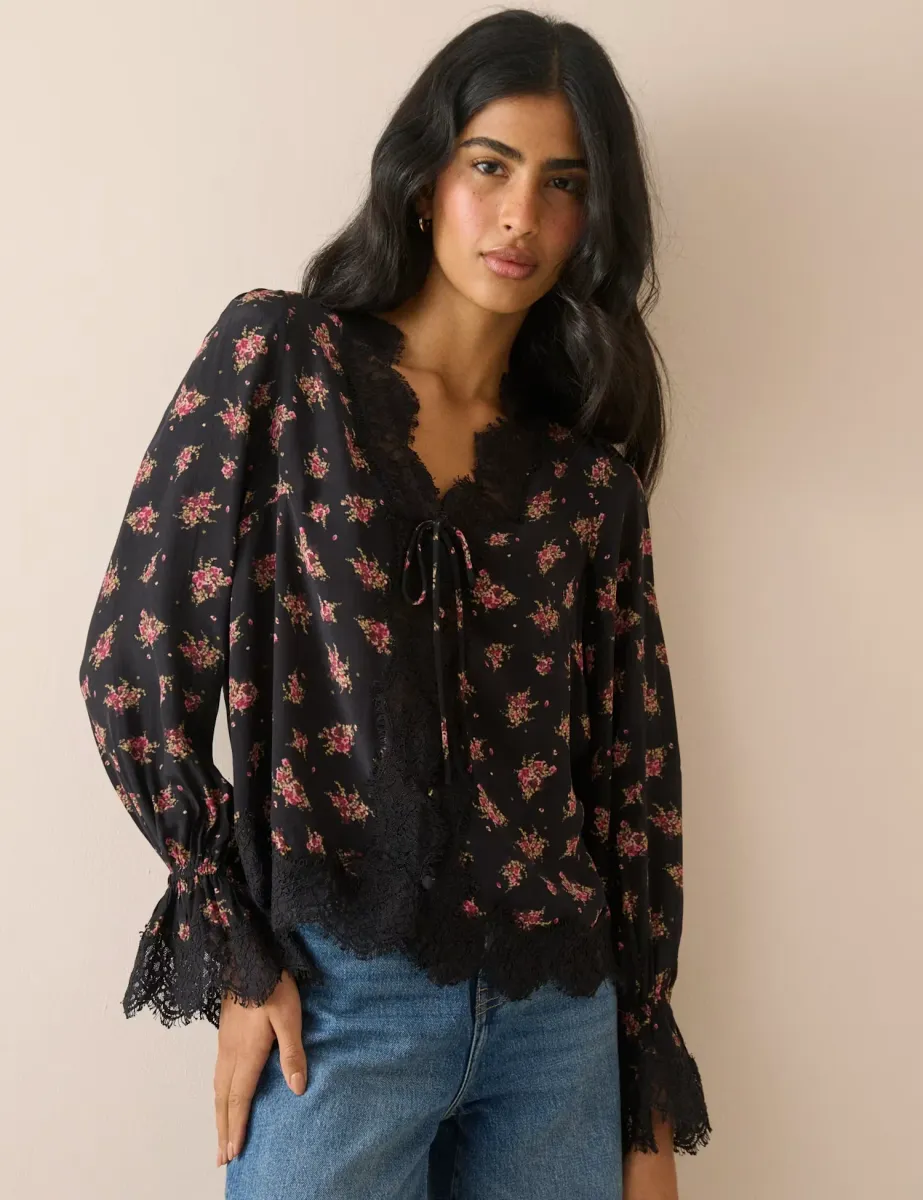 Floral V-Neck Lace Detail Blouse Multi