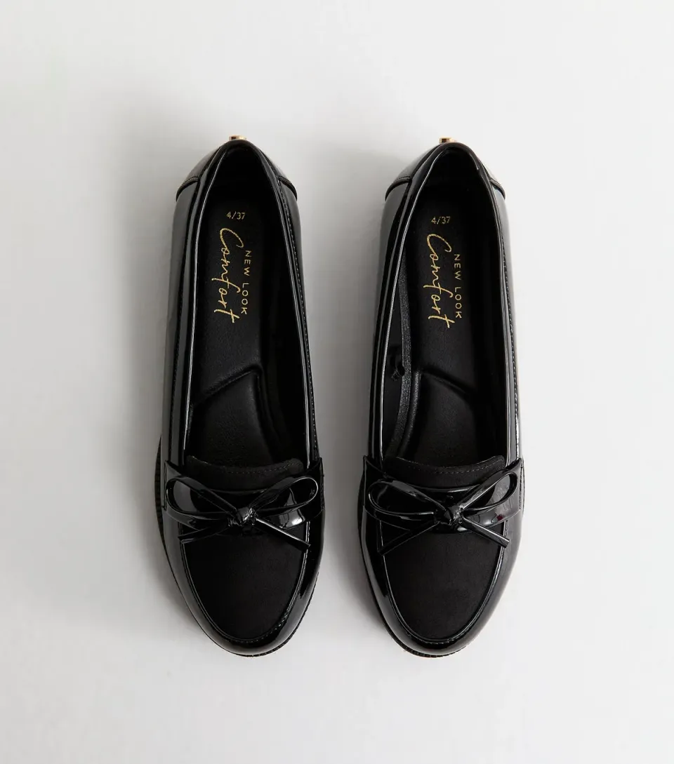 Women's Black Faux Patent Bow Applique Loafers Vegan