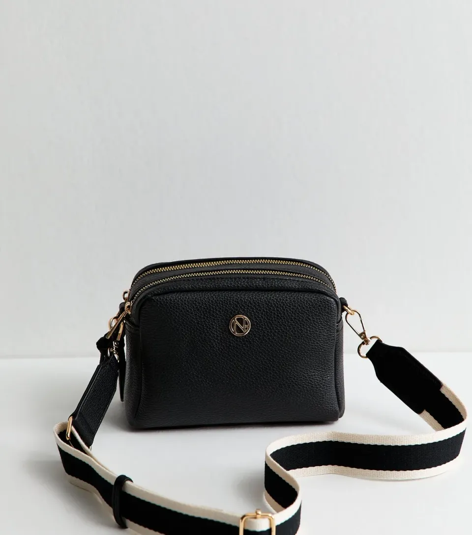 Black Faux Leather Double Pocket Crossbody Bag