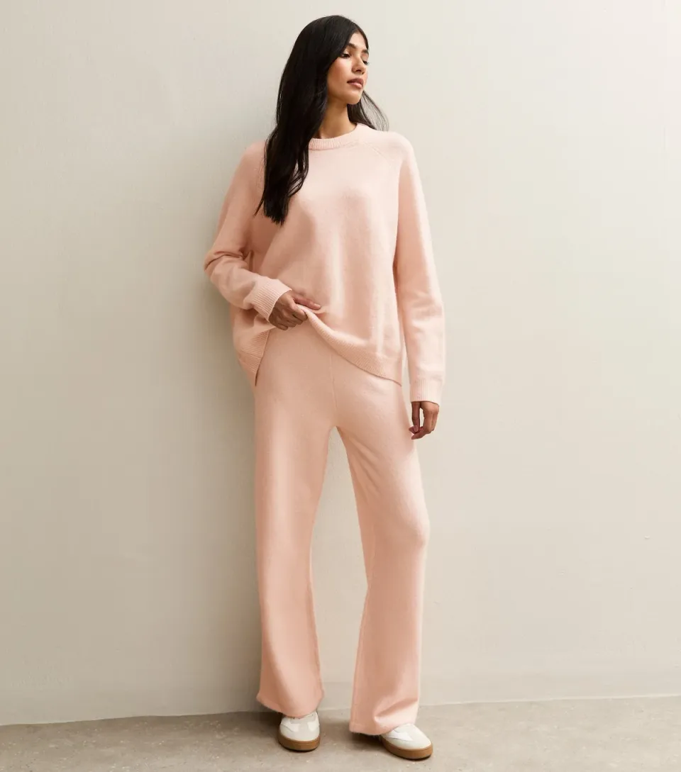 Women's Light Pink Knit Wide Leg Trousers