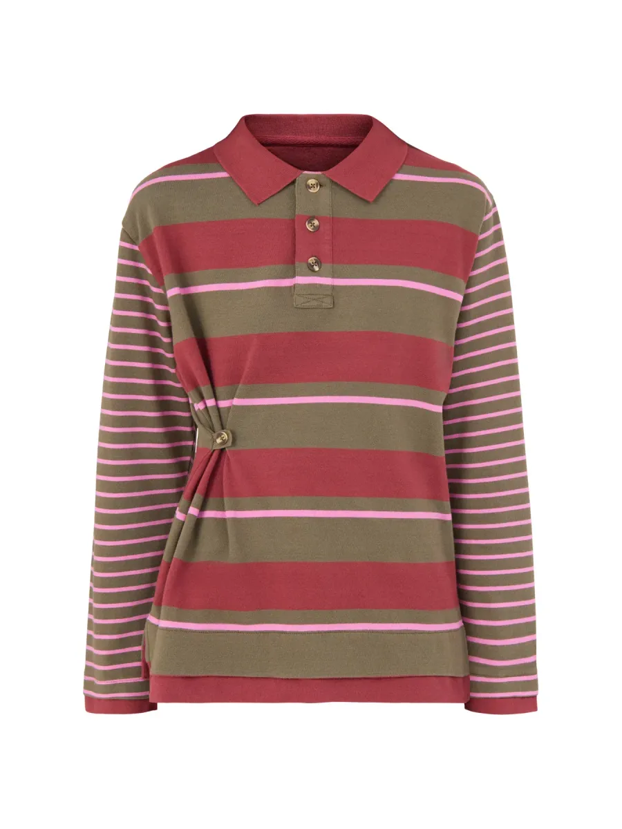 Organic Cotton Noah Cinch Rugby Top - Olive / Pink Stripe