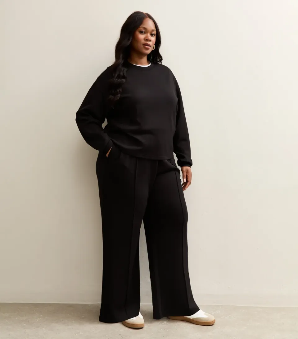 Women's Premium Plus Size Black Jersey Wide Leg Joggers Curves