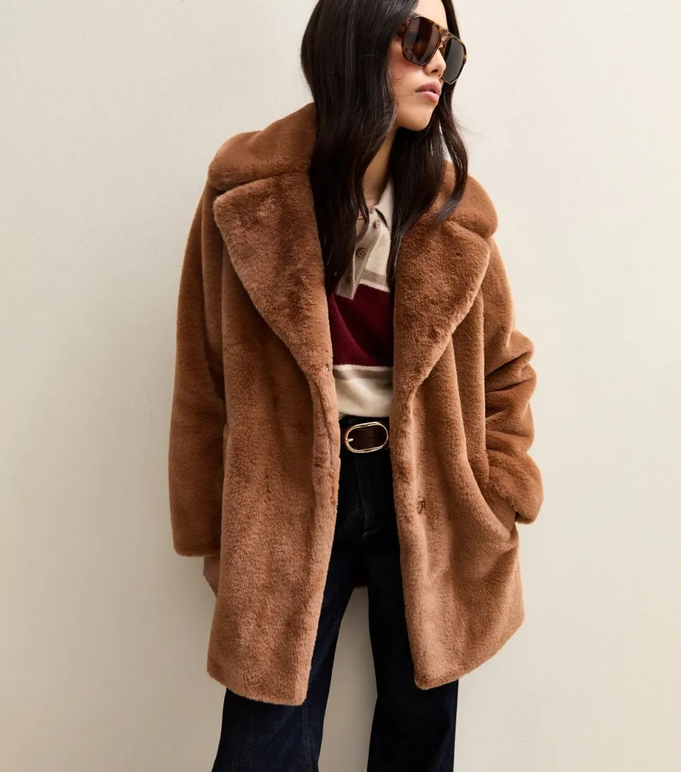 Women's Brown Faux Fur Midi Coat