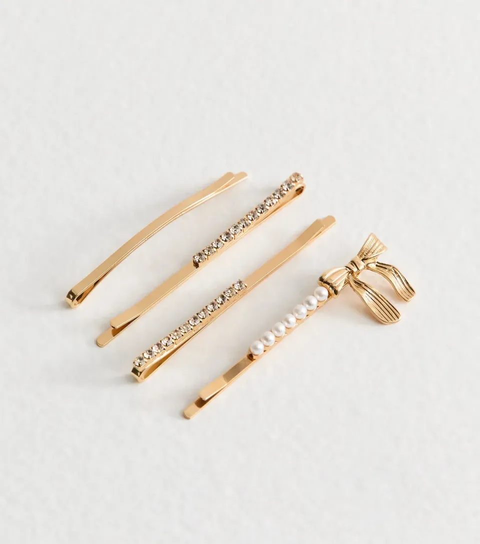 Pack of 4 Gold Tone Diamante and Bow Embellished Hair Slides