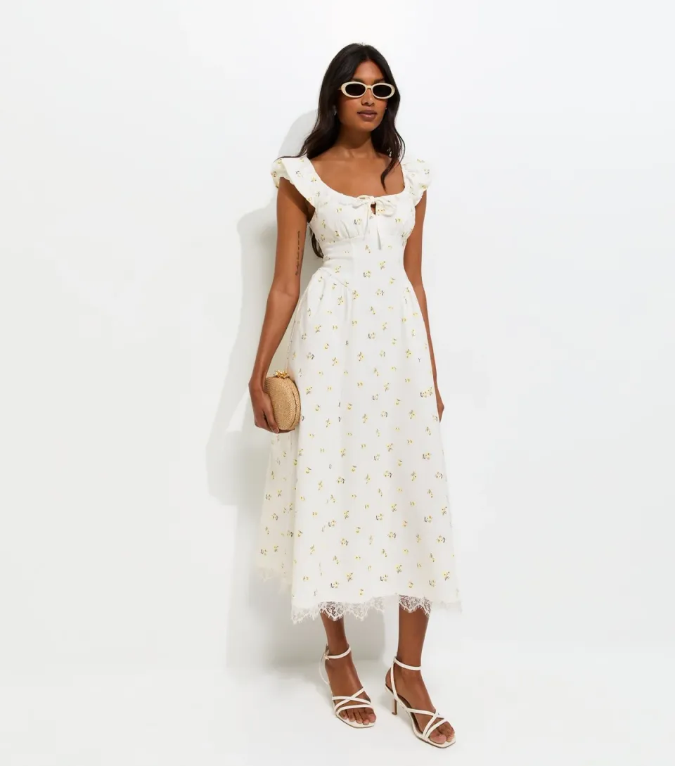 Women's Cream Rose Print Milkmaid Midi Dress