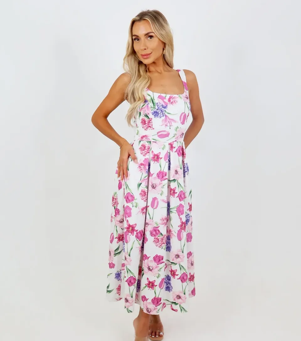 Women's Pink Floral Print Square Neck Midi Dress