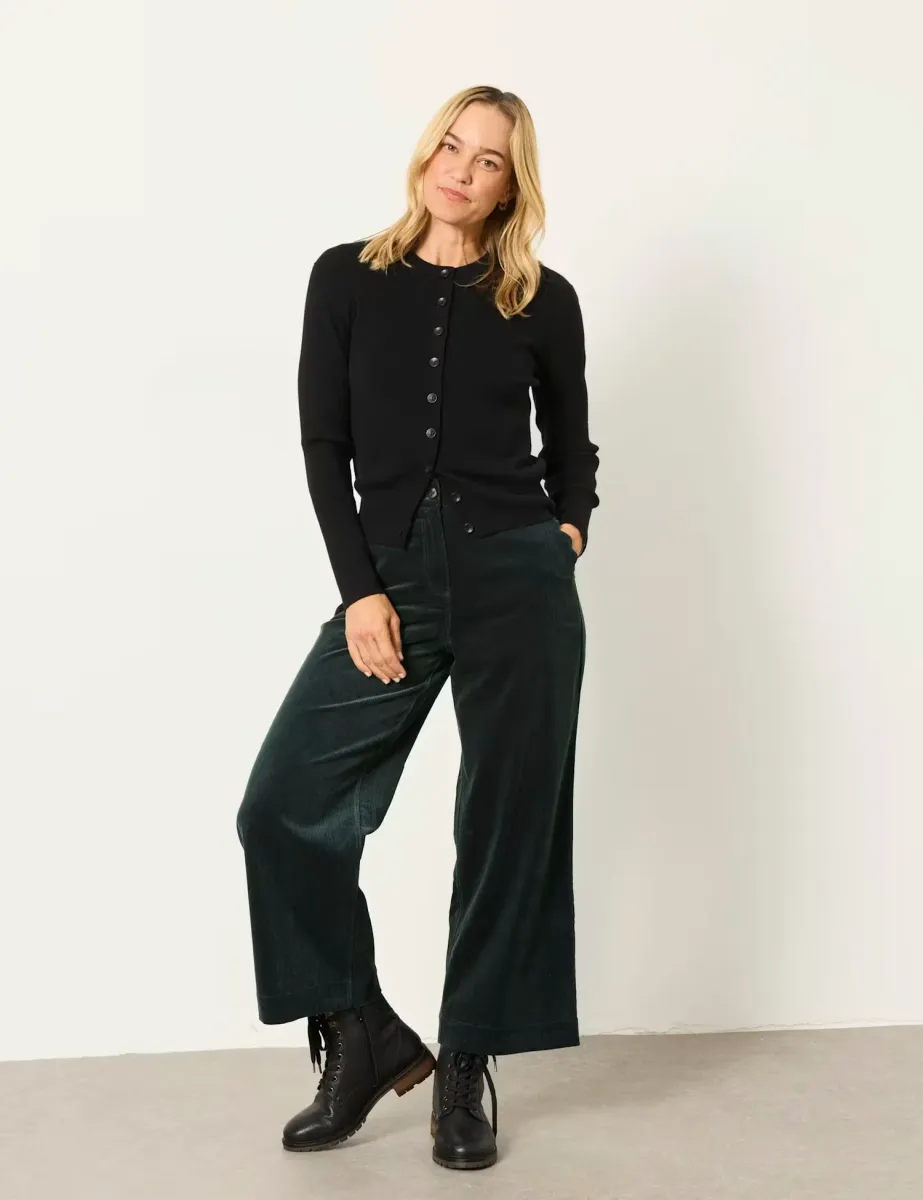 Cord Textured Wide Leg Cropped Trousers Green