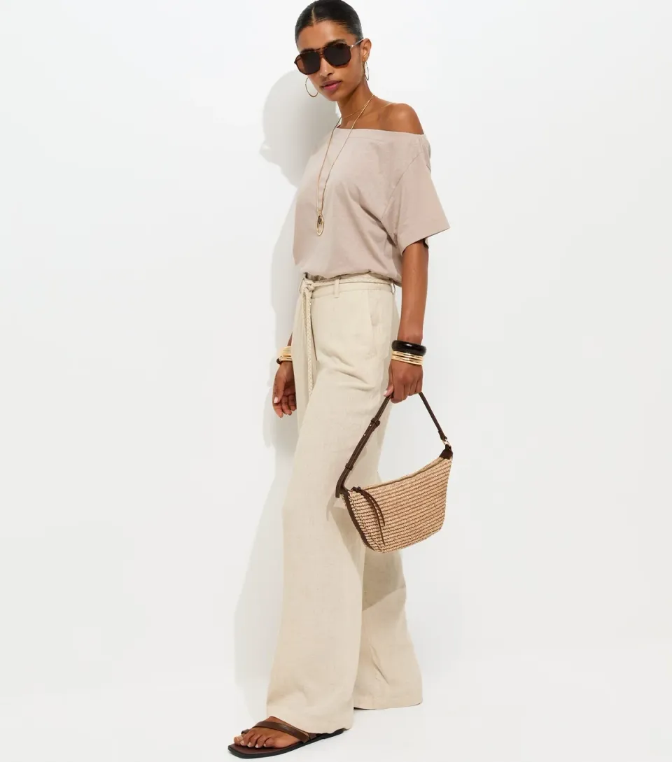 Women's Cream Braided Belt Wide Leg Trousers