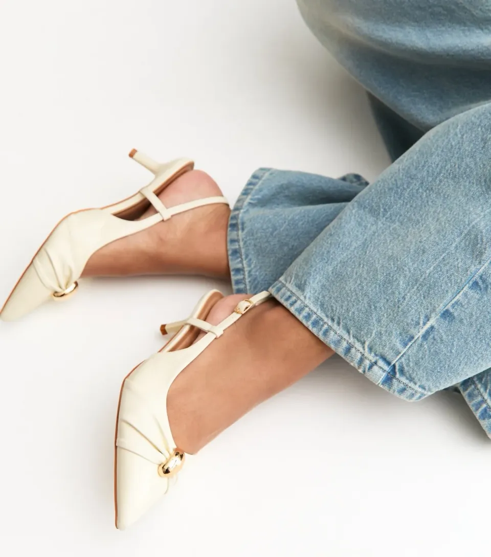 Women's Off White Faux Leather Ring Slingback Court Shoes Vegan