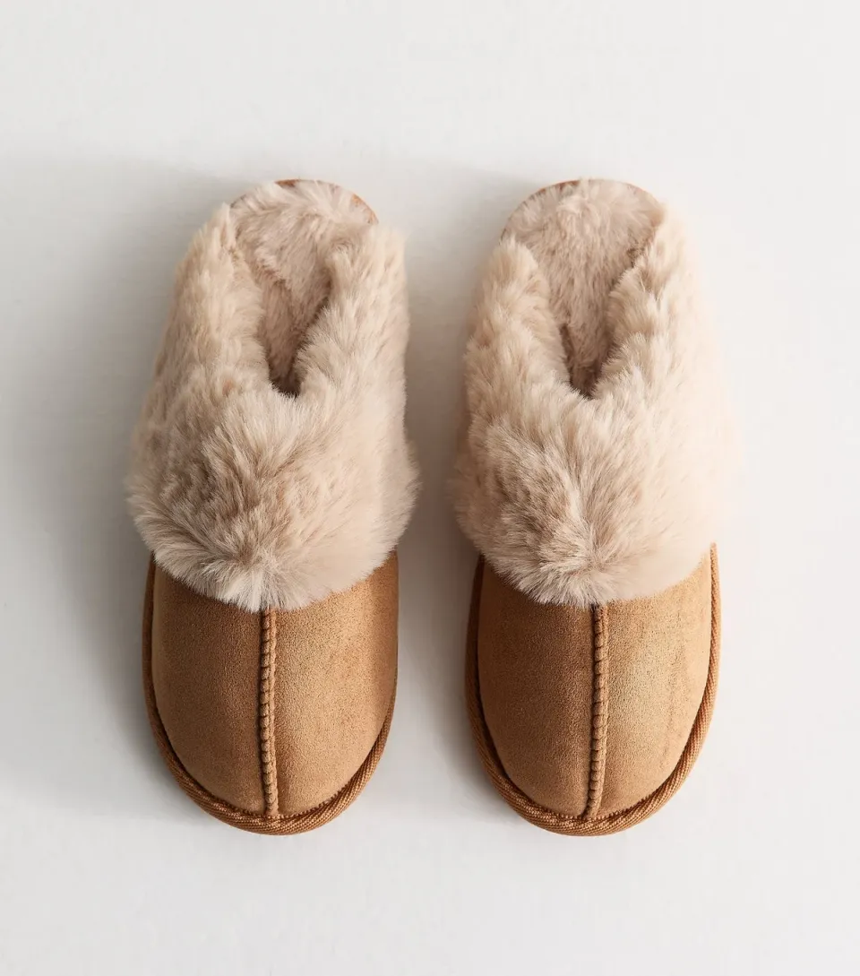 Women's Tan Faux Suede and Faux Fur Backless Mule Slippers Vegan
