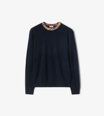 Check Trim Wool Sweater in Navy