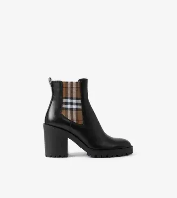 Check Panel Leather Ankle Boots in Black