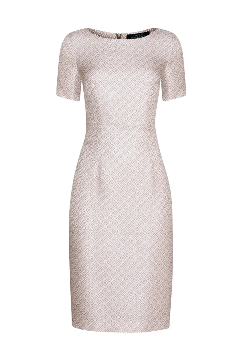 Ivory and Taupe Printed Silk/Wool Shift Dress with Boat Neck and Short Sleeves - Angie