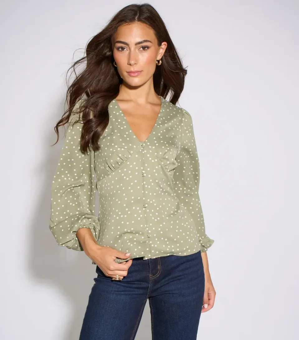 Women's Light Green Polka Dot V-Neck Button Blouse