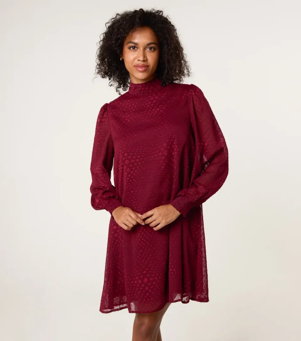 Women's Light Burgundy Patterned Long Sleeve Mini Dress