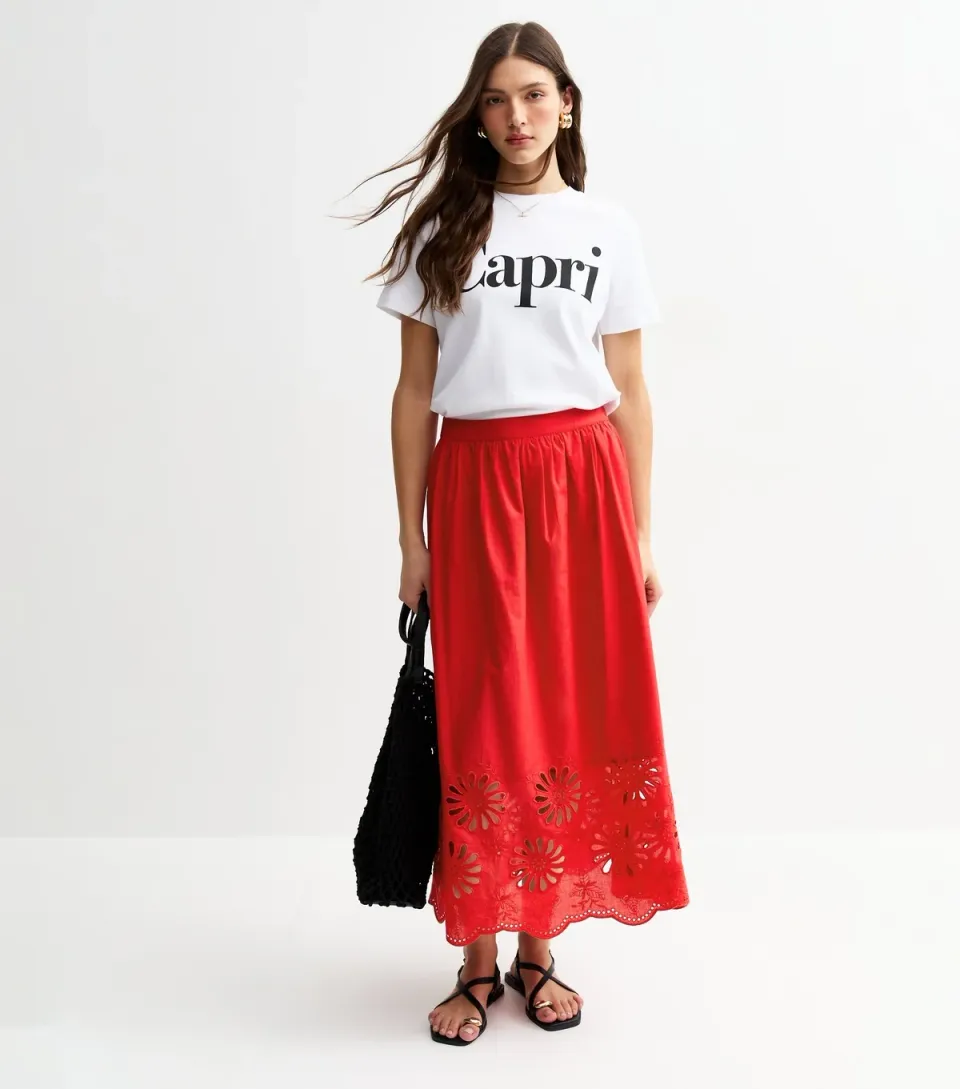 Women's Red Embroidered Cutout Hem Midi Skirt