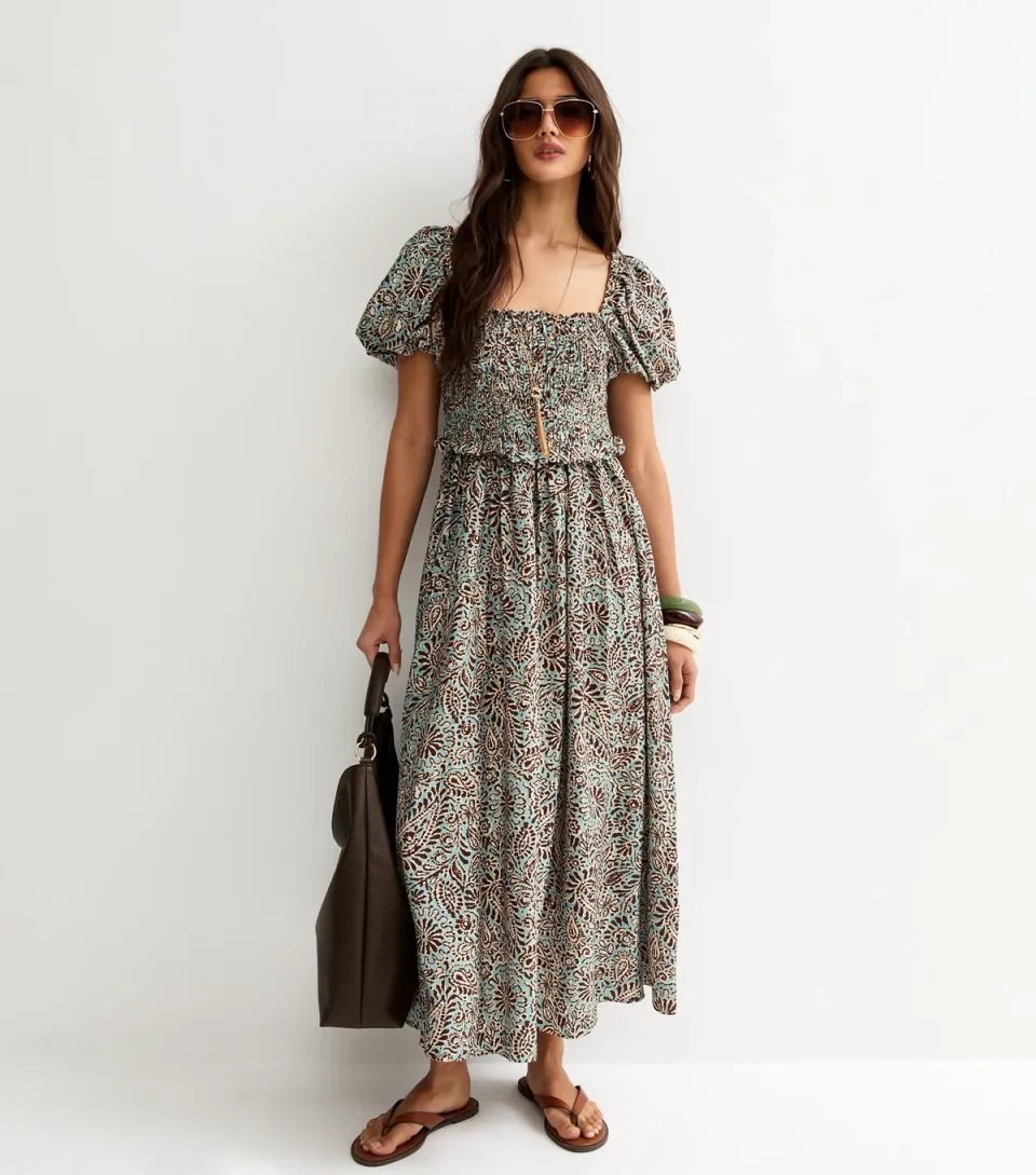 Women's Blue Paisley Shirred Puff Sleeve Midi Dress