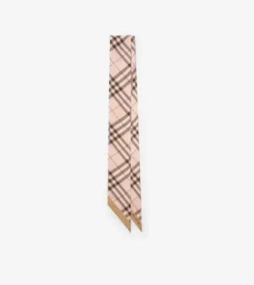 Skinny Contrast Check Silk Scarf in Bow pink/mitten grey