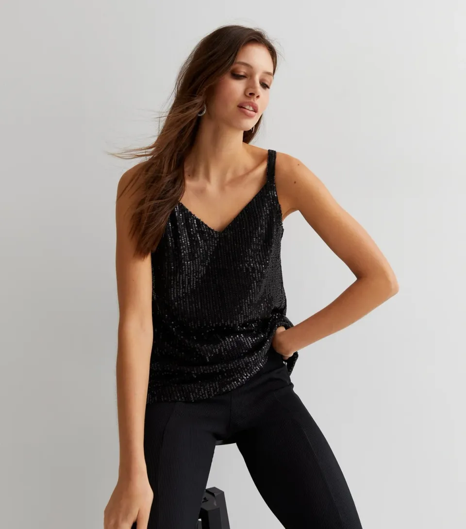 Women's Black Sequin Strappy Cami