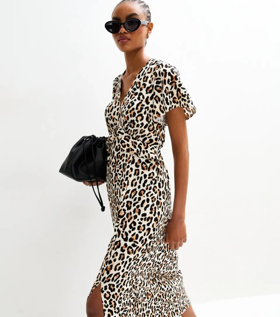 Women's Tall Brown Leopard Print Flutter Sleeve Midi Dress