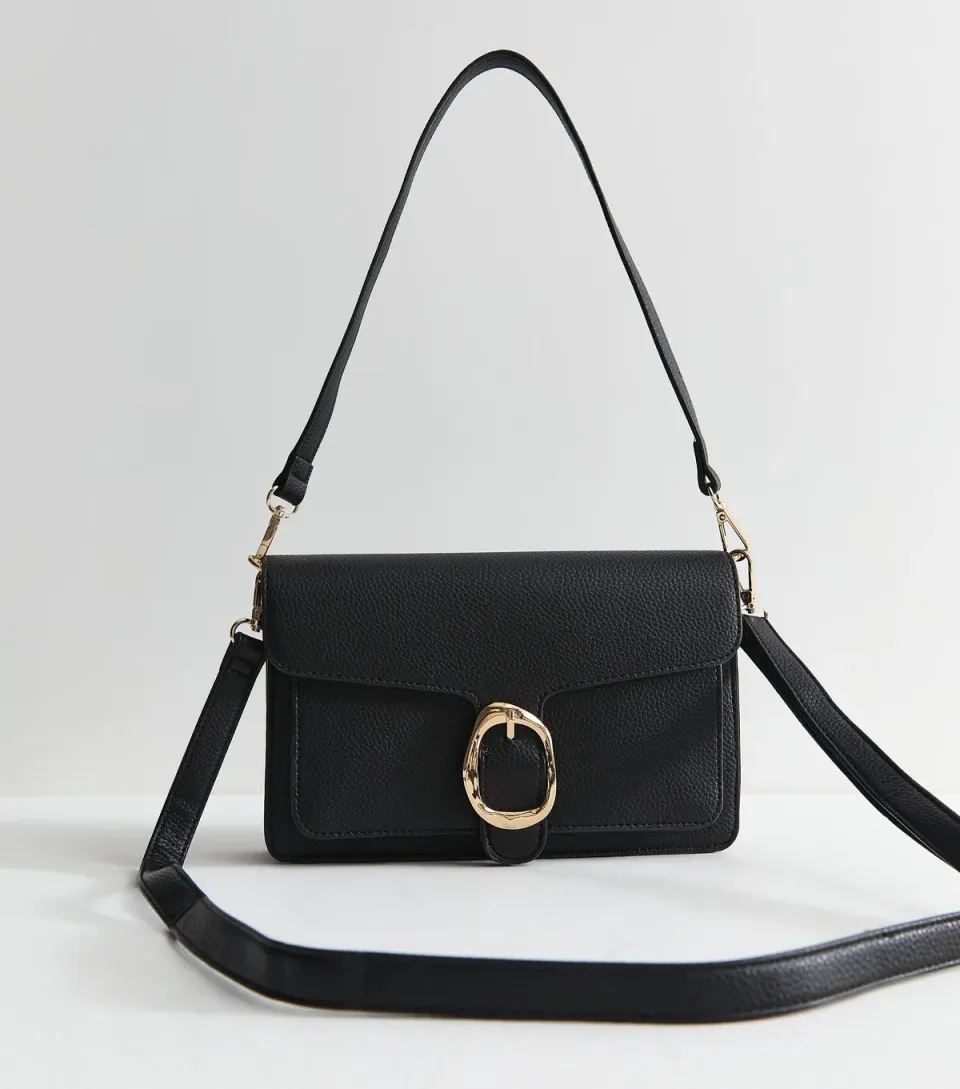 Black Pebbled Faux Leather Buckle Shoulder Bag