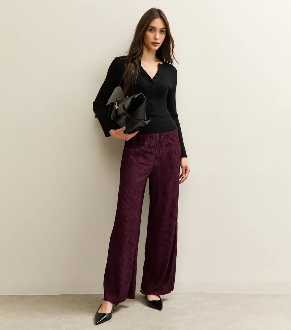 Women's Burgundy Textured Jersey Wide Leg Trousers