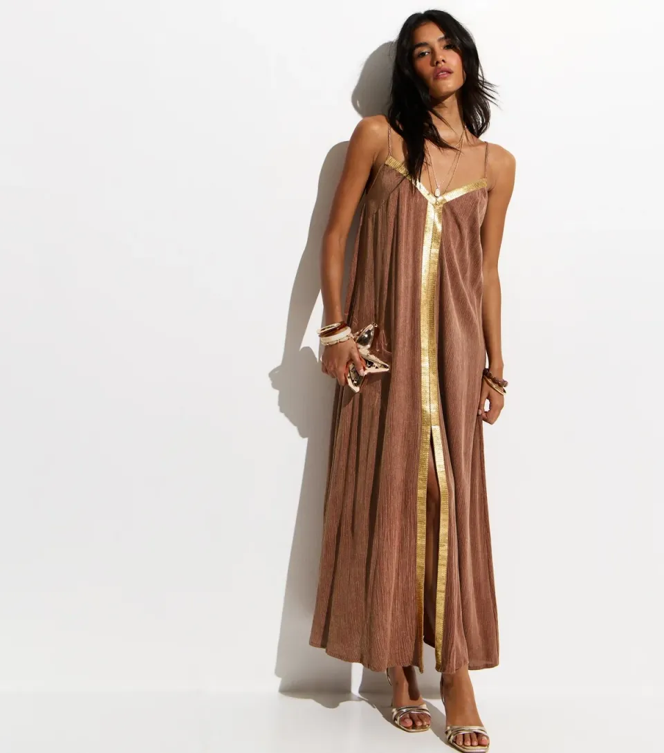 Women's Light Brown Sequin Trim Beach Maxi Dress