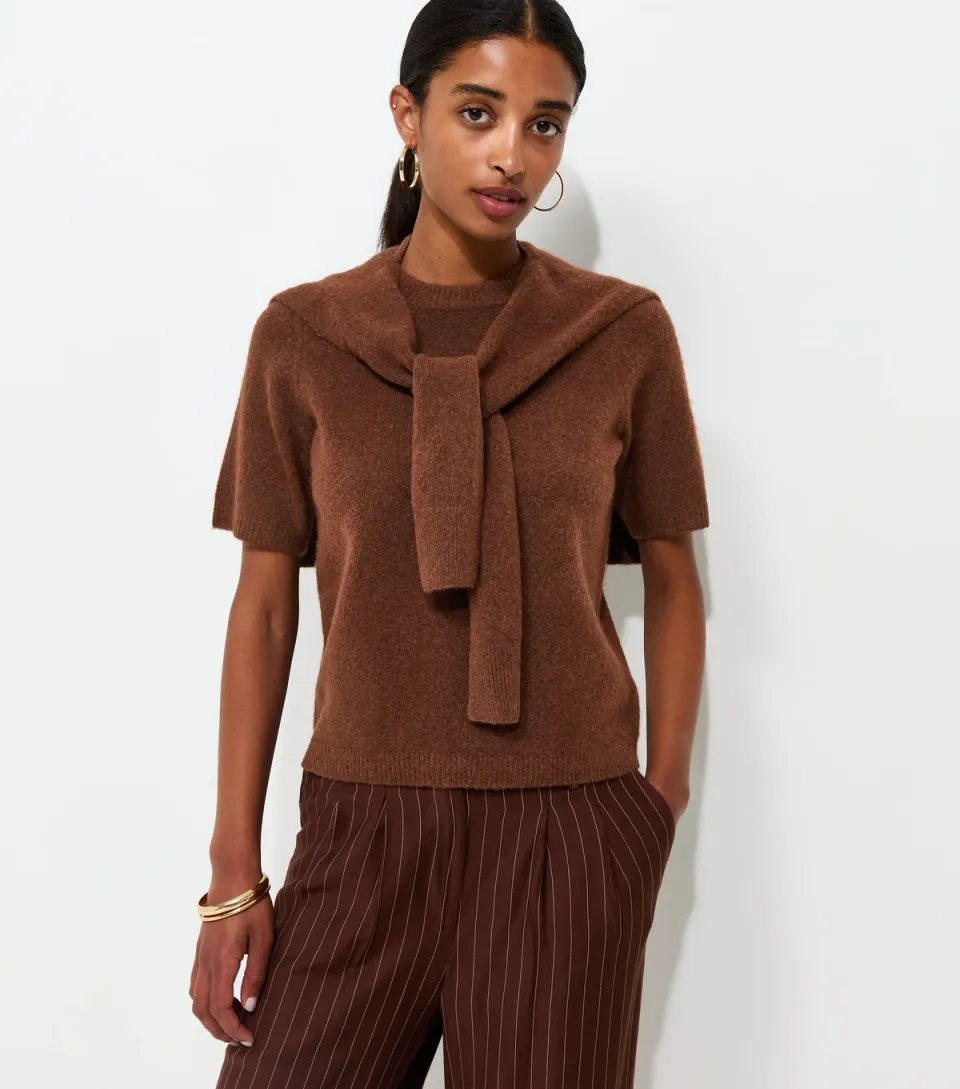 Women's Brown Brushed Knit Scarf Detail Short Sleeve Top