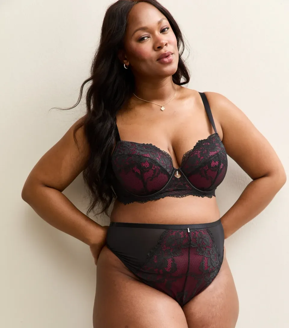 Women's Plus Size Black Contrast Lace High Waisted Briefs Curves