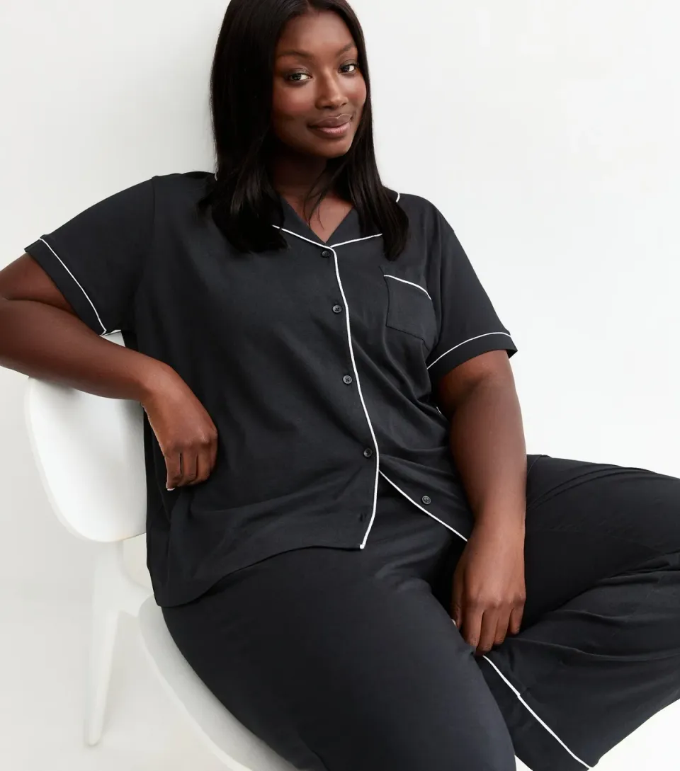 Women's Plus Size Black Jersey Revere Collar Pyjama Set Curves