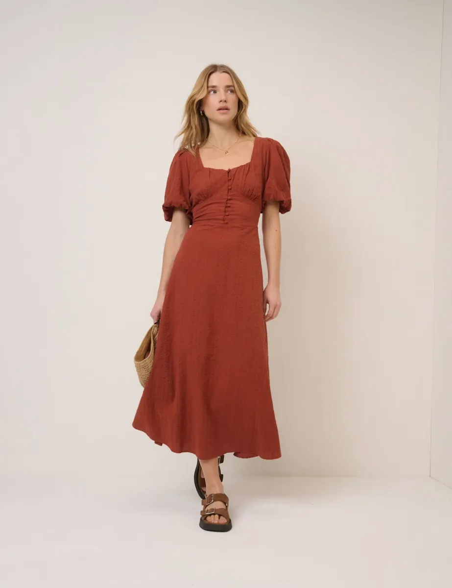 Pure Cotton Sweetheart Neckline Midi Dress Brown