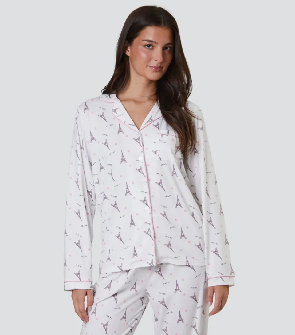 Women's White Paris Ooh Lala Print Long Sleeve Top and Trousers Pyjama Set