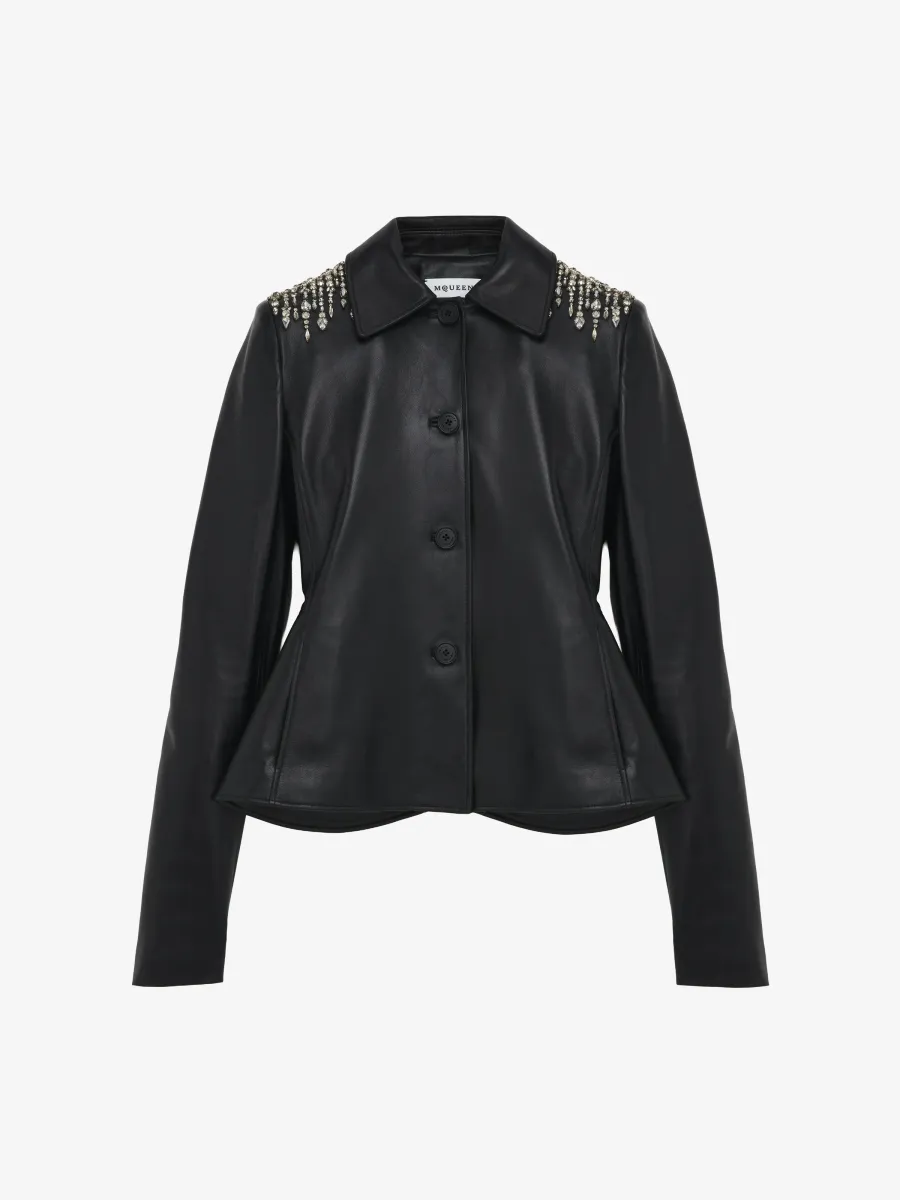 Crystal Embroidery Leather Peplum Jacket