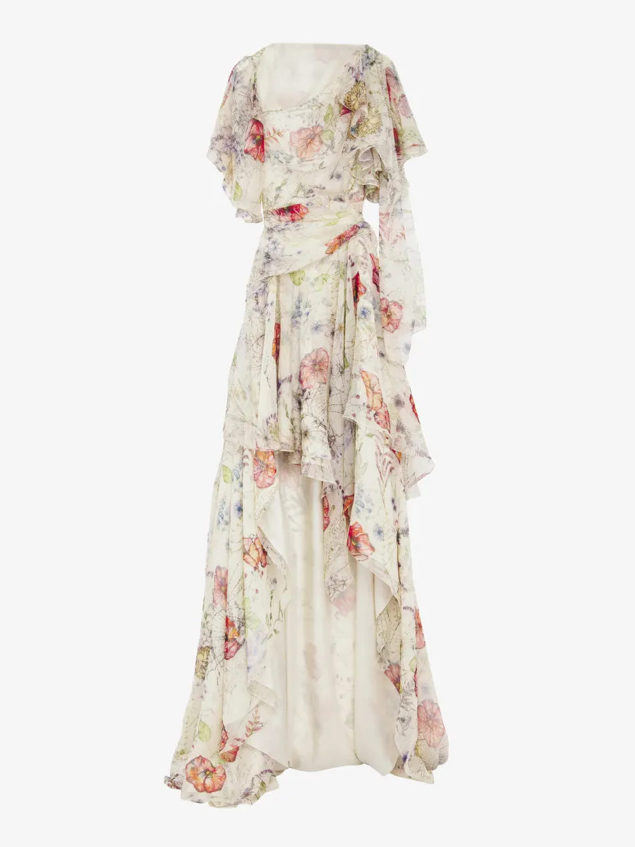 Meadow Floral Print Asymmetric Evening Dress