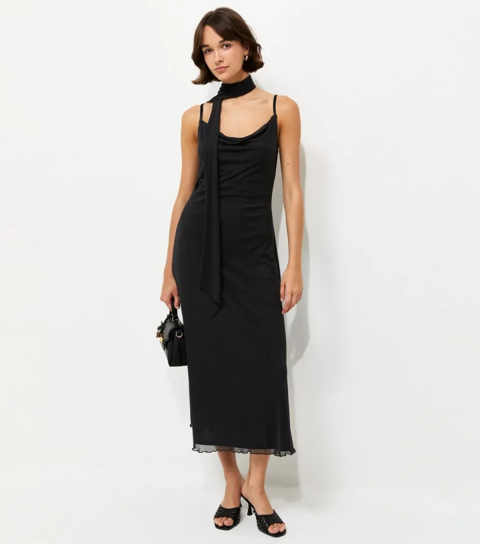 Women's Black Mesh Cowl Neck Midi Dress with Scarf