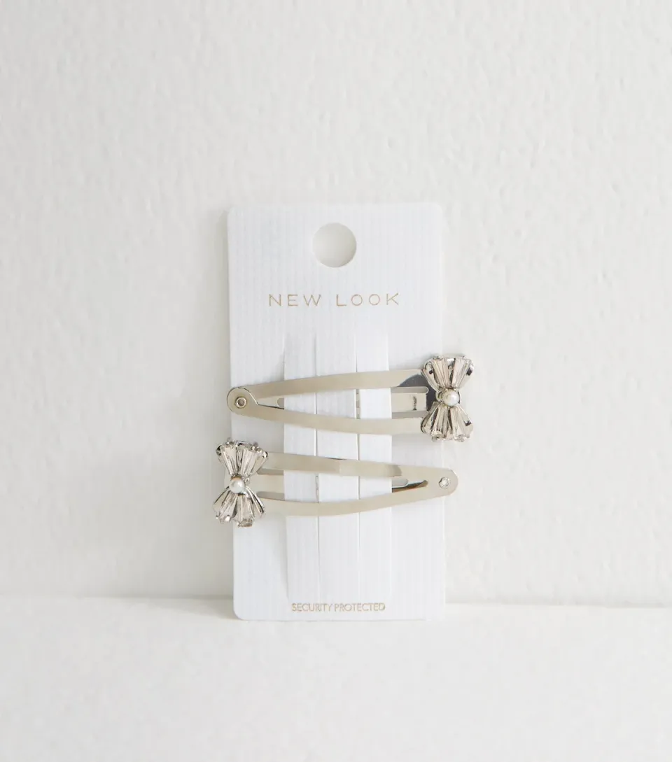 Pack of 2 Silver Metal Gem Embellished Bow Hair Slides