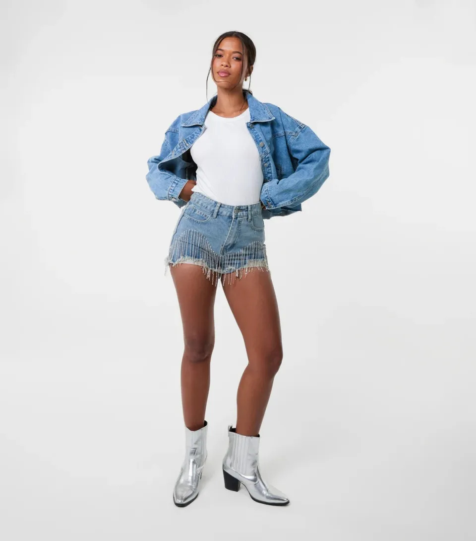 Women's Blue Diamanté Fringe Denim Shorts