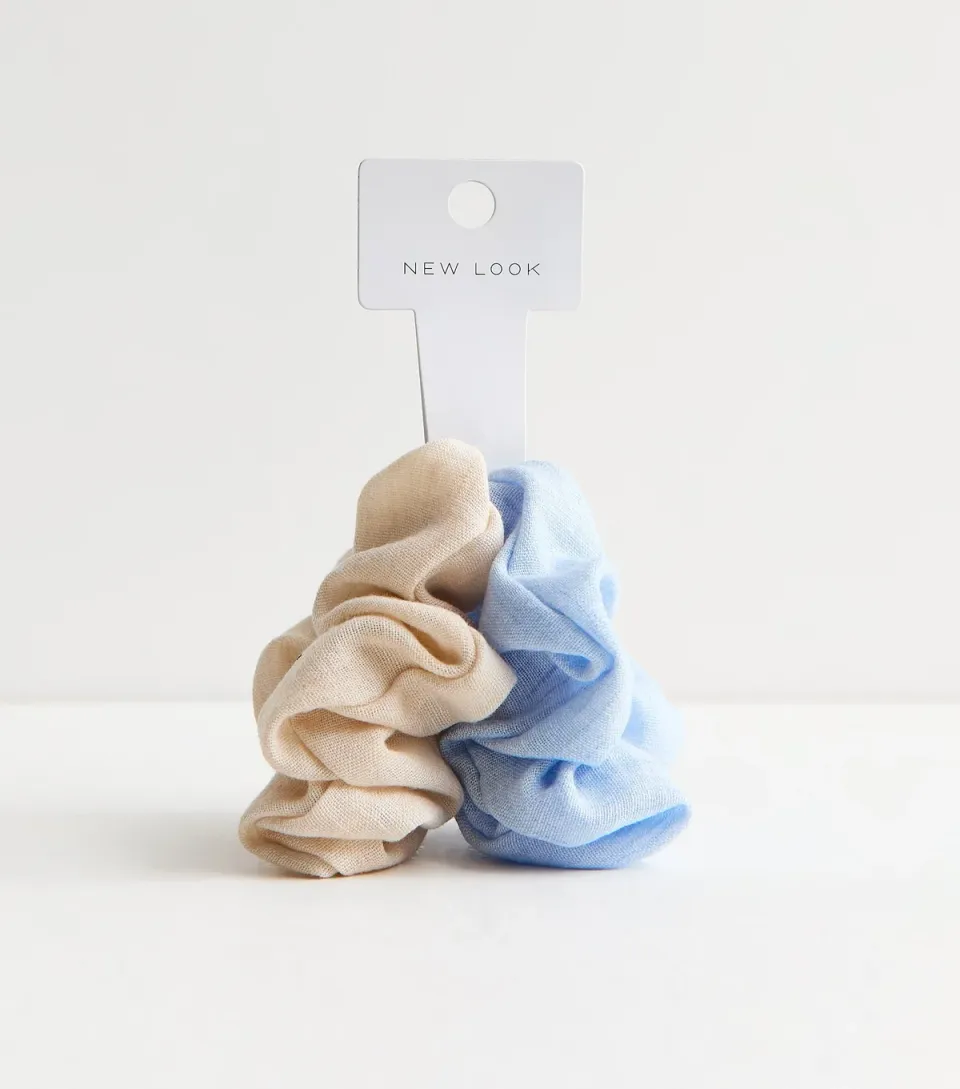 Pack of 2 Cream and Blue Woven Scrunchies