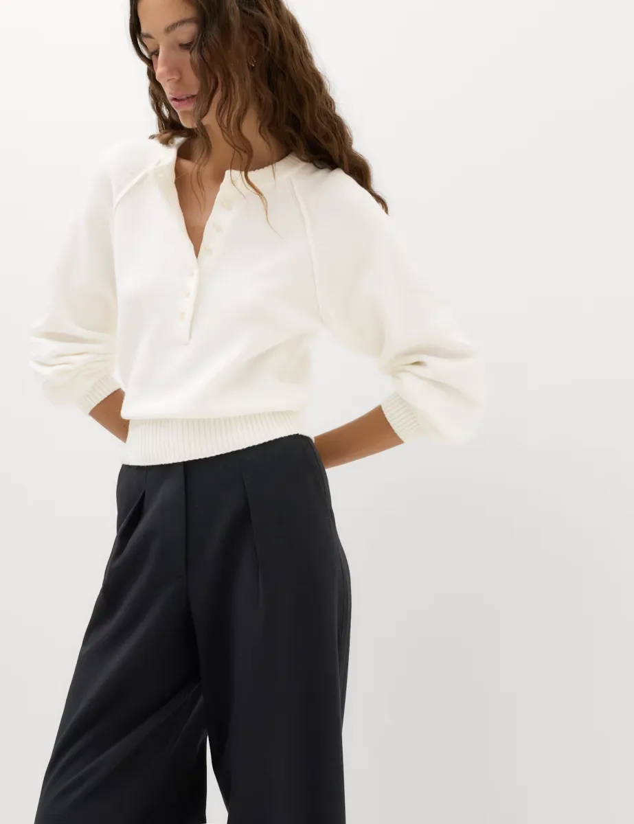Crew Neck Button Detail Jumper with Wool Ivory