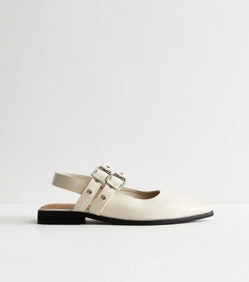 Women's Off White Faux Leather Eyelet Strap Mary Jane Flats Vegan