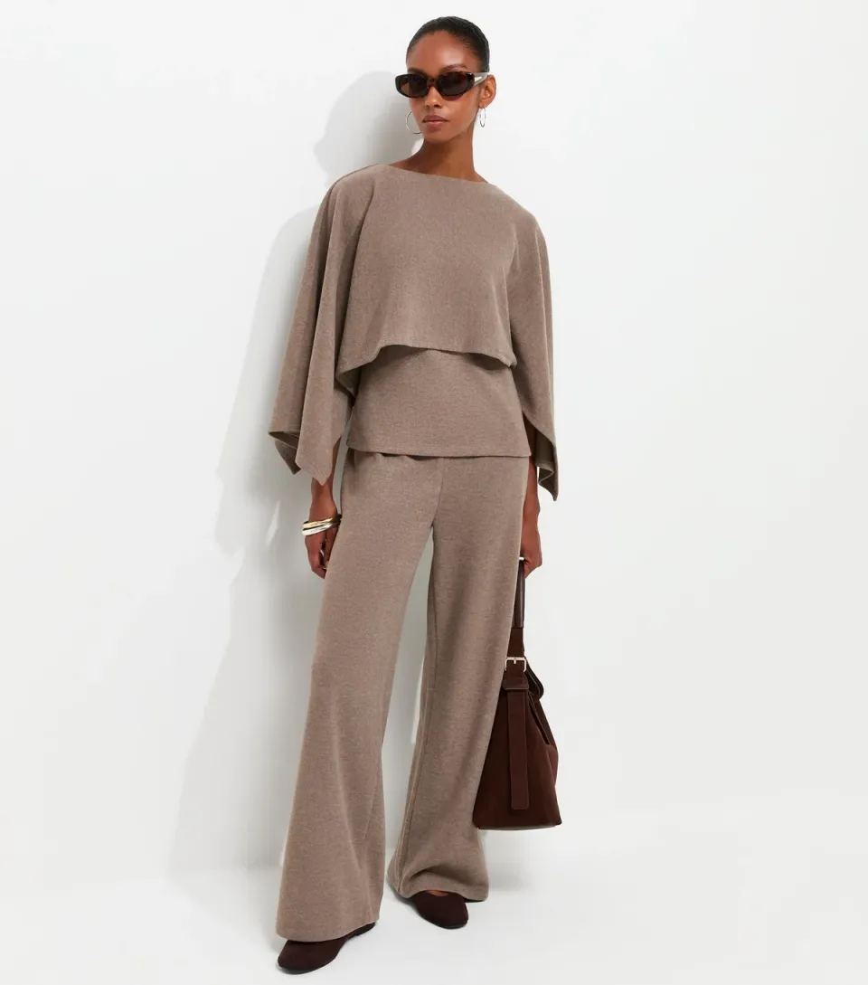 Women's Dark Mink Cotton Rich Soft Touch Wide Leg Trousers