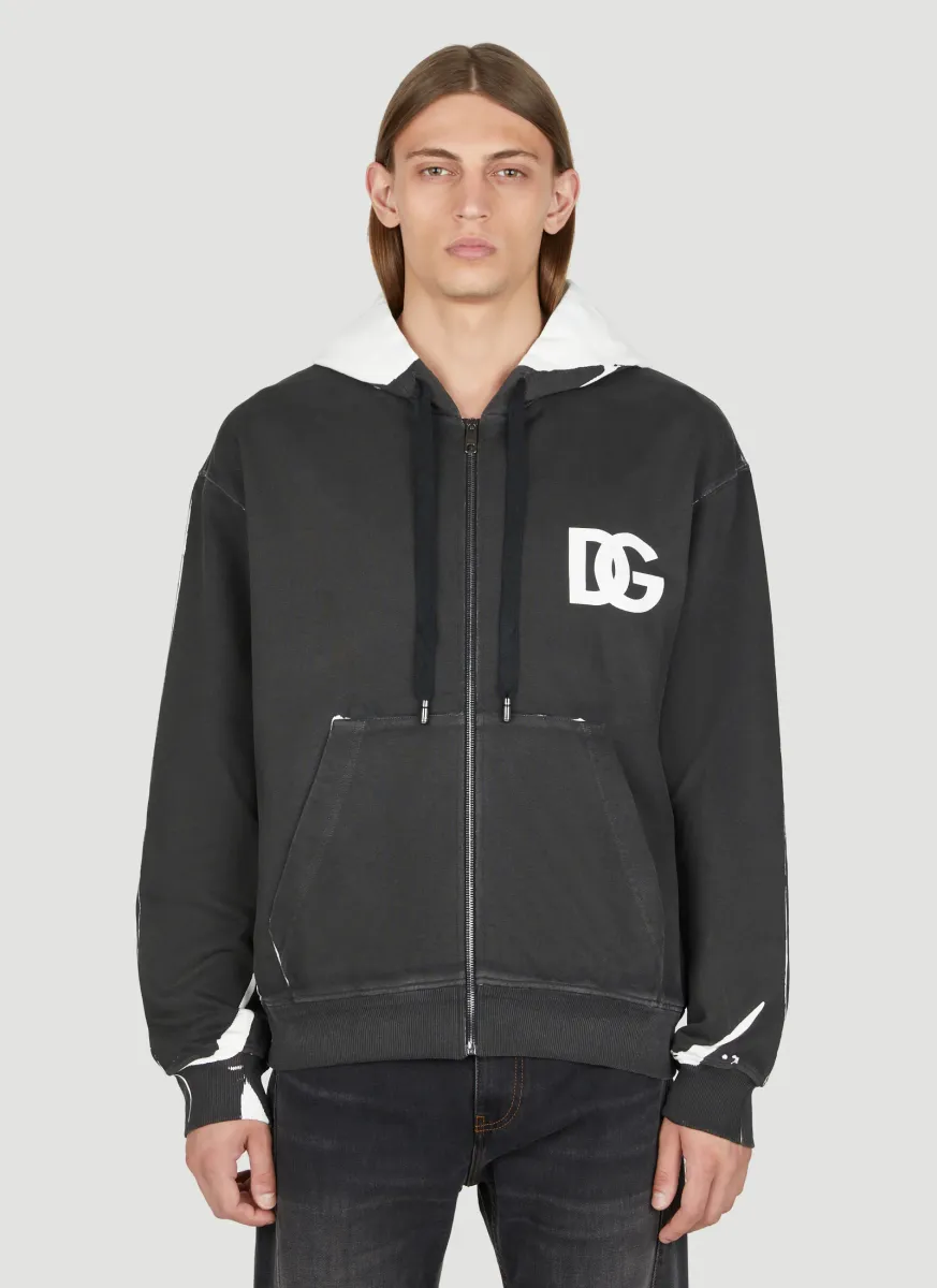 Distressed Logo Print Hooded Zip-Up Sweatshirt
