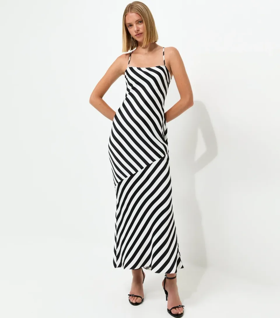 Women's Black Satin Diagonal Stripe Slip Midi Dress