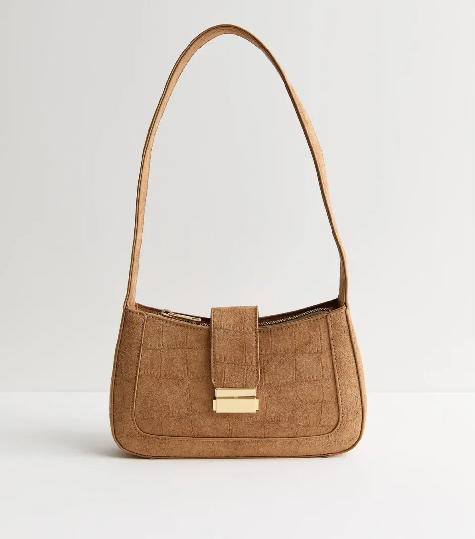 Tan Faux Suede Croc Embossed Shoulder Bag