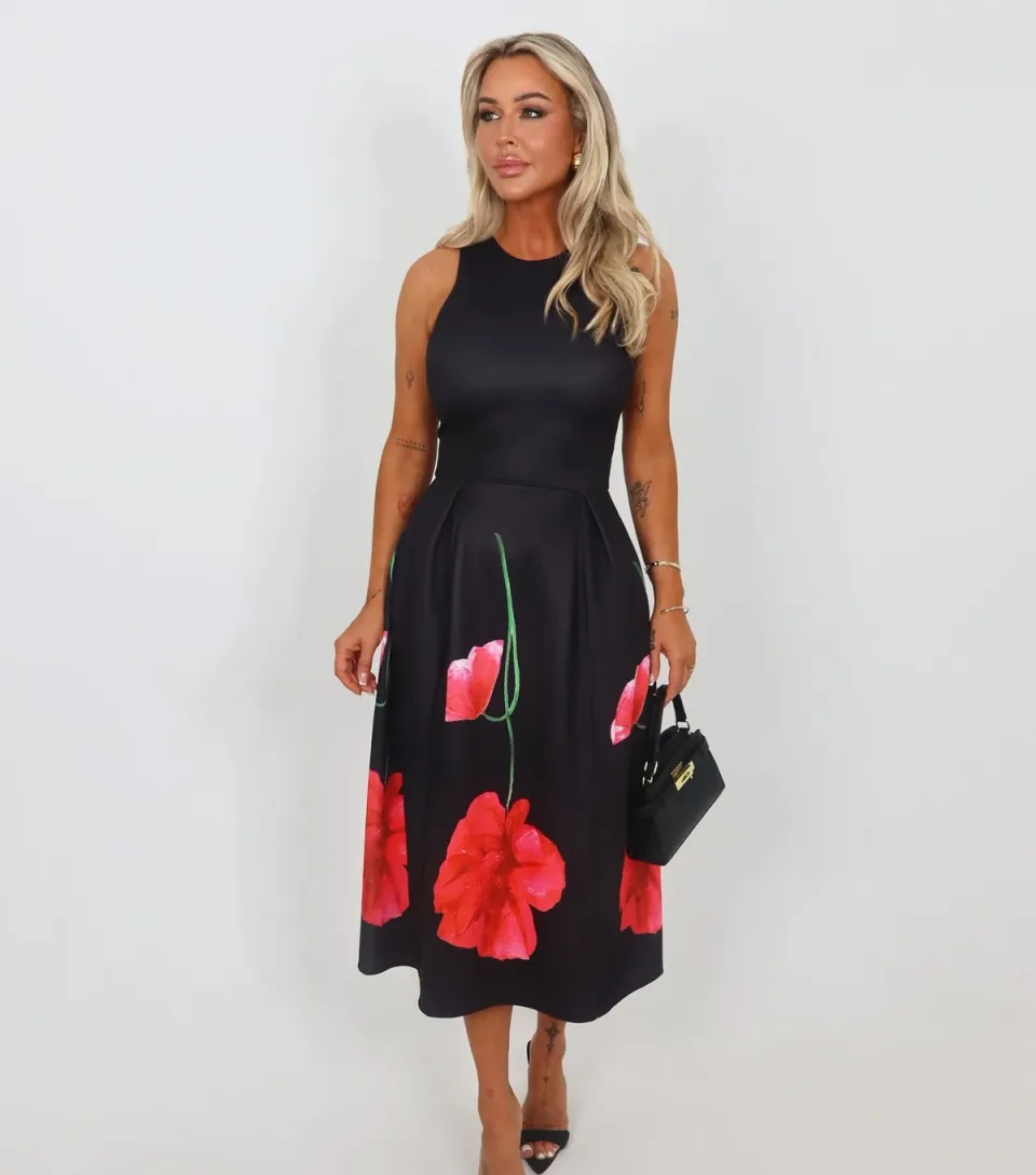 Women's Black Floral A-Line Midi Dress