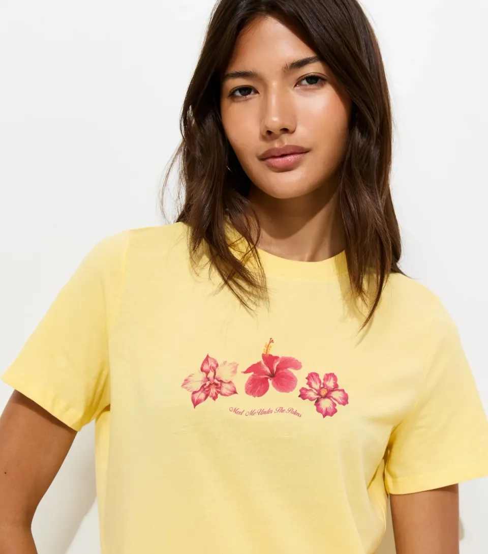 Women's Light Yellow Cotton Hibiscus Print Relaxed T-Shirt