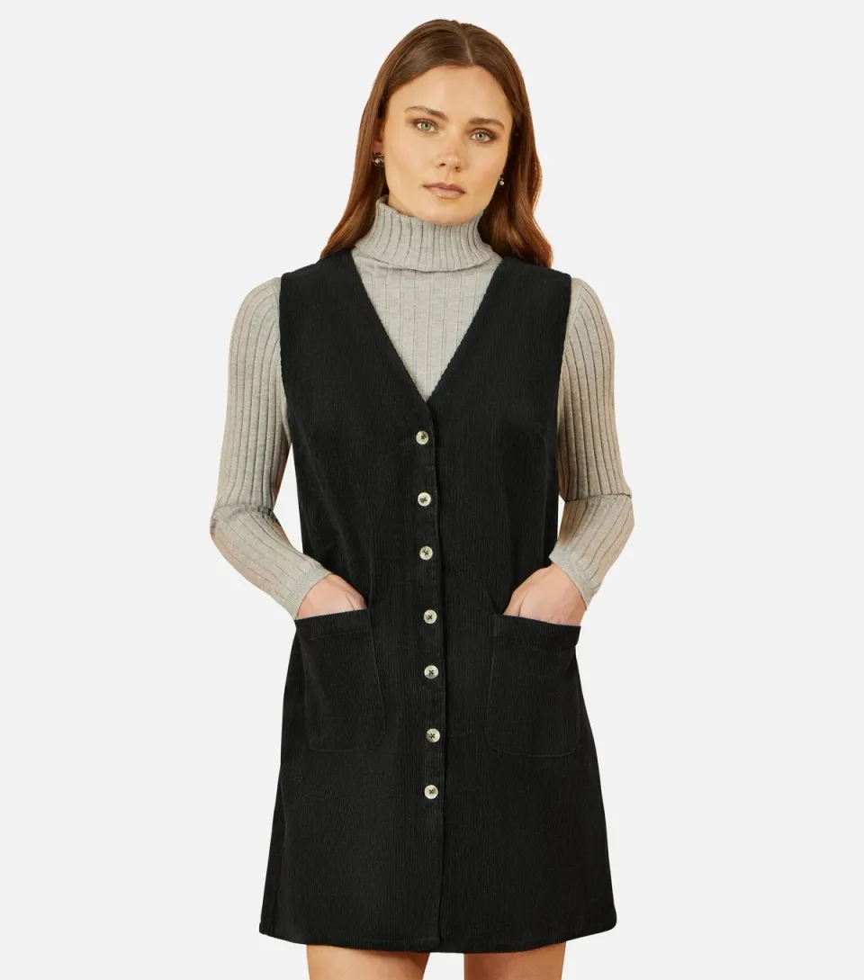 Women's Black Corduroy V-Neck Mini Dress