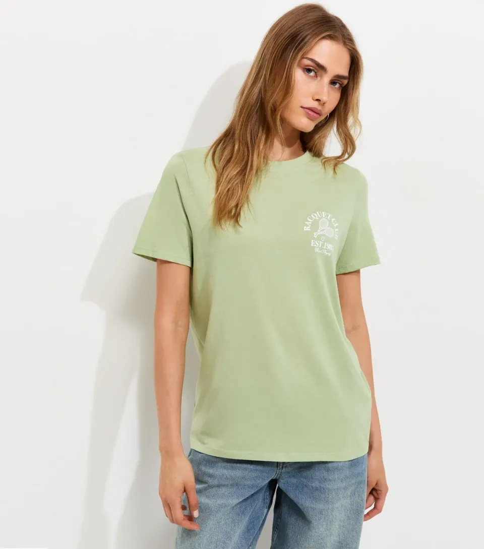 Women's Light Green Racquet Club Tennis Print Relaxed T-Shirt
