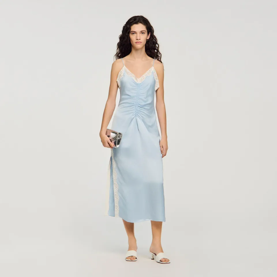 Satin-effect maxi dress with straps