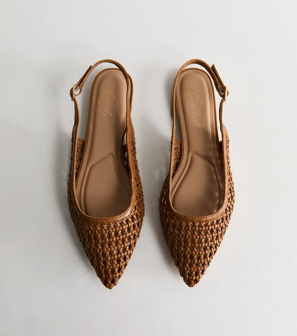 Women's Tan Faux Leather Woven Slingback Pumps Vegan